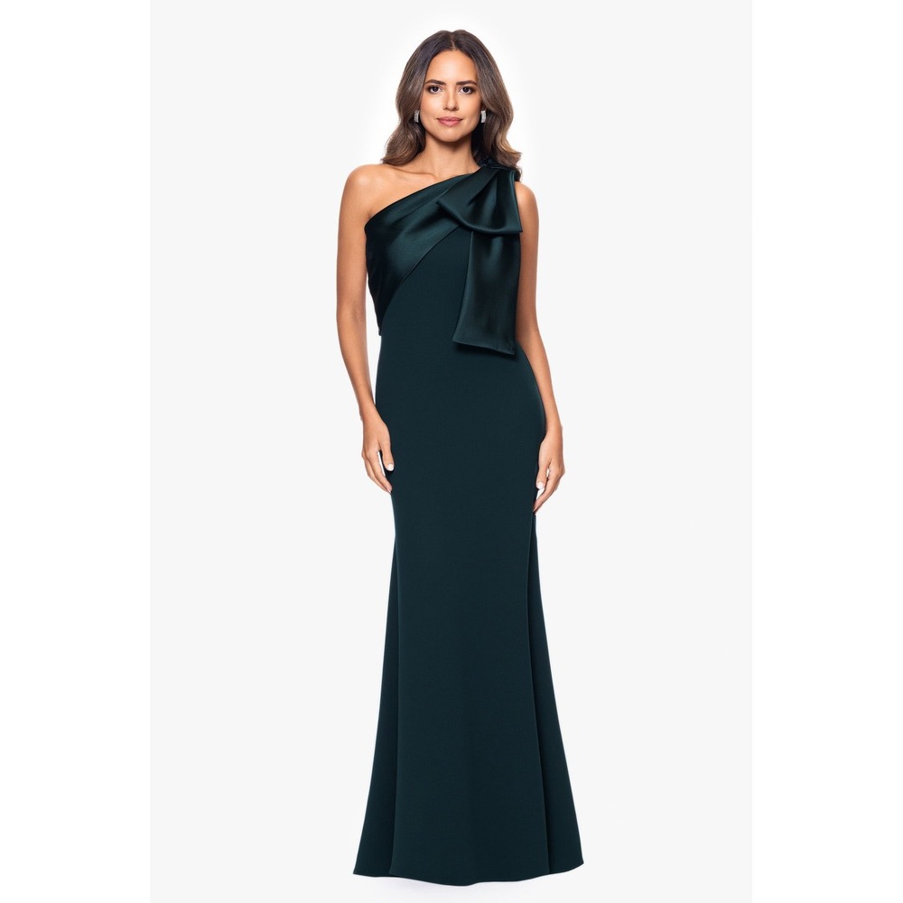 Betsy & Adam One Shoulder Bow Evening Gown Hunter Green Formal Dress NWT Size 8